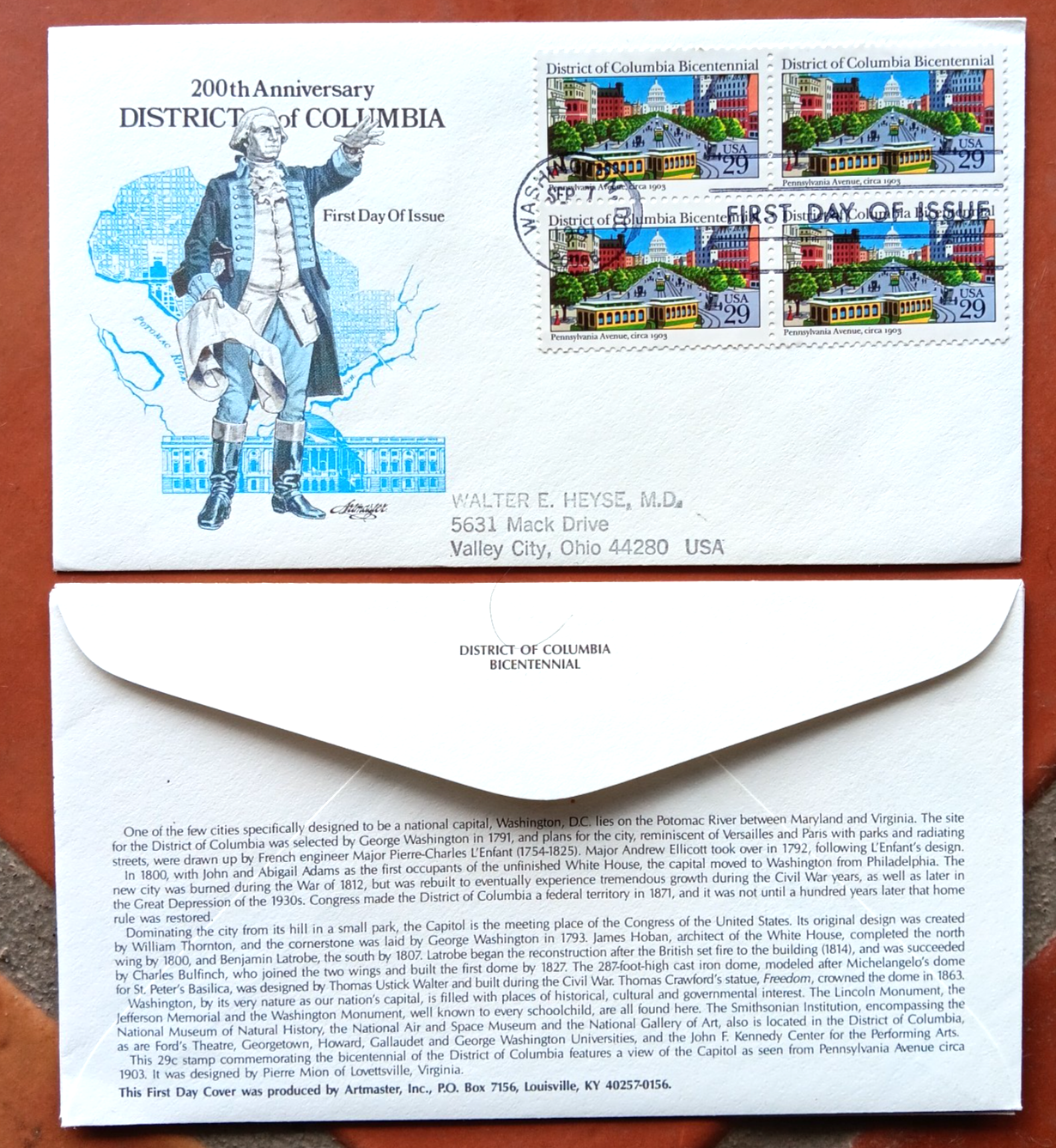DISTRICT OF COLUMBIA 200TH ANNIVERSARY 1991 ARTMASTER CACHET FDC STAMP ...