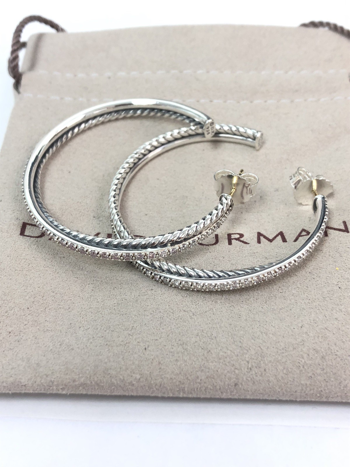 David Yurman Sterling Silver Crossover Extra Large Hoop Earrings W/Diamonds 44mm