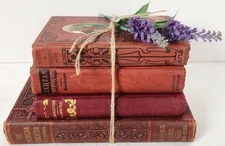 Burgandy Red Antique Vintage Book Stack Decor Bundle Set of 4 Books Distressed 
