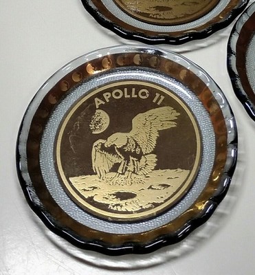 (3) APOLLO 11 'The Eagle Has Landed' LUNAR LANDING COASTERS: Gold Enameled Glass