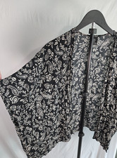 Black White Paisley Floral Boho Kimono Sz L Indie Festival Flowy Layering Casual