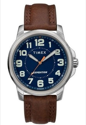 Timex TW4B16000, Men's ''Expedition Field'' Brown Leather Watch, Blue Dial, NEW!!