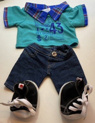 Build a Bear blau kariertes Hemd Pullover Jeans Baseball Stiefel Outfit Kleidung Jungen