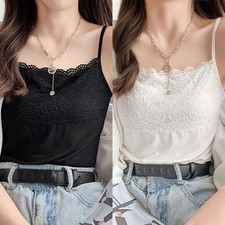 Ladies Plain Cotton Vest Top Lace Trim Neck Design Cami Strappy Camisole Plain