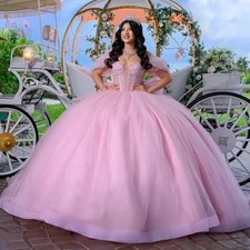 Pink Princess Quinceanera Dresses Off Shoulder Lace Beads Bow Ball Gown Sweet 16