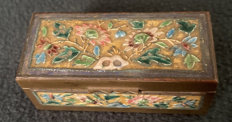 Chinese Antique Cloisonné Enamel & Brass Box with Floral Designs - Stamp Box