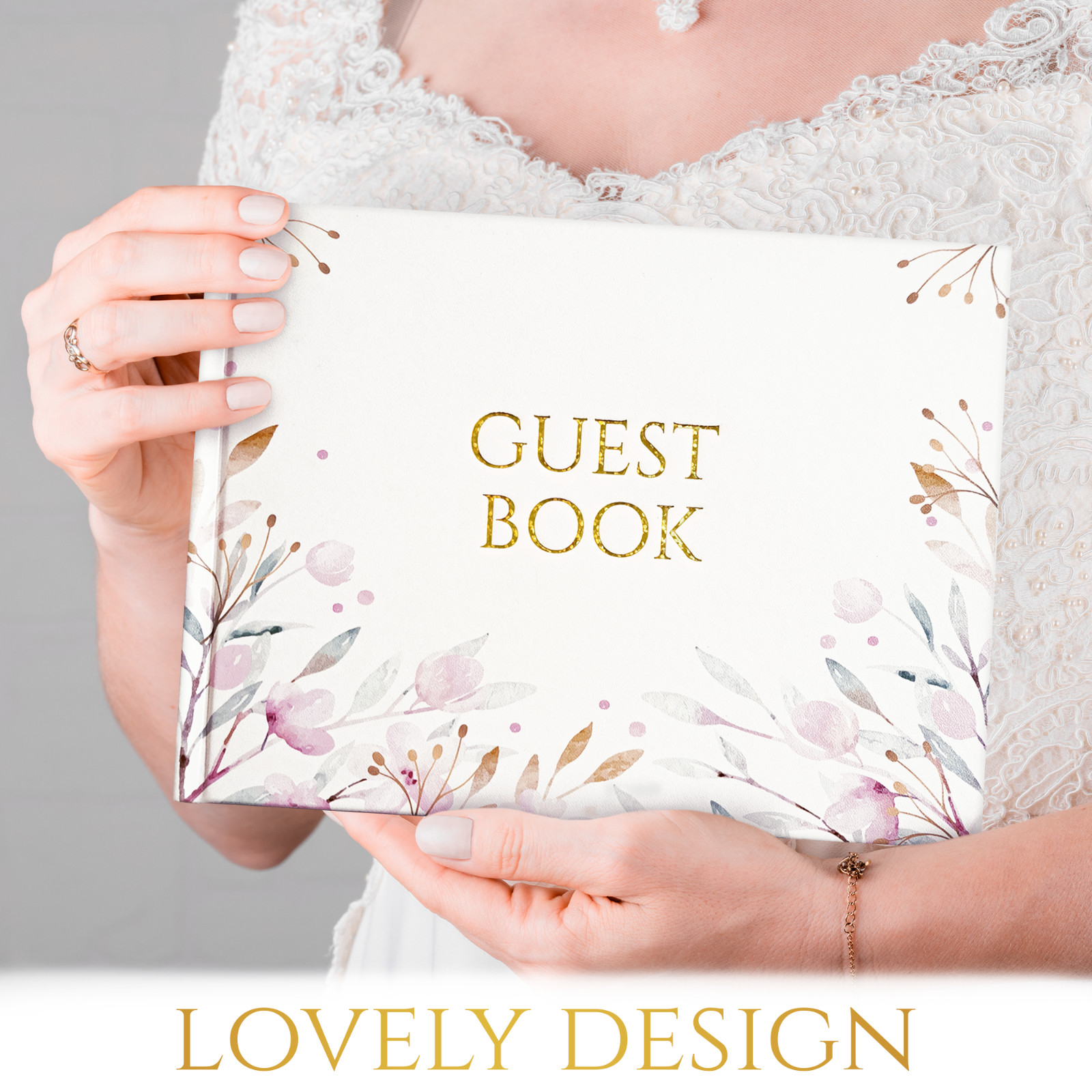 как выглядит Guest Book Set Include Gold Pen and Corner Stickers Floral Design Sign-In New фото