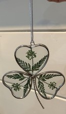 Shamrock Stained Glass Sun Catcher or Ornament , Pressed Green Leaves 4.5  H
