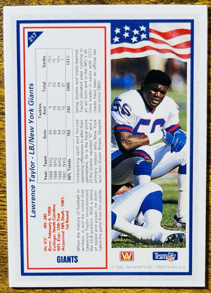 1992 All World Football Lawrence Taylor New York Giants #217 HOF Legend NM-MT - Image 2 of 2