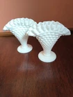 Vintage Fenton Milk Glass Hobnail Miniature Fan Vase Matched Pair 1950s 1960s