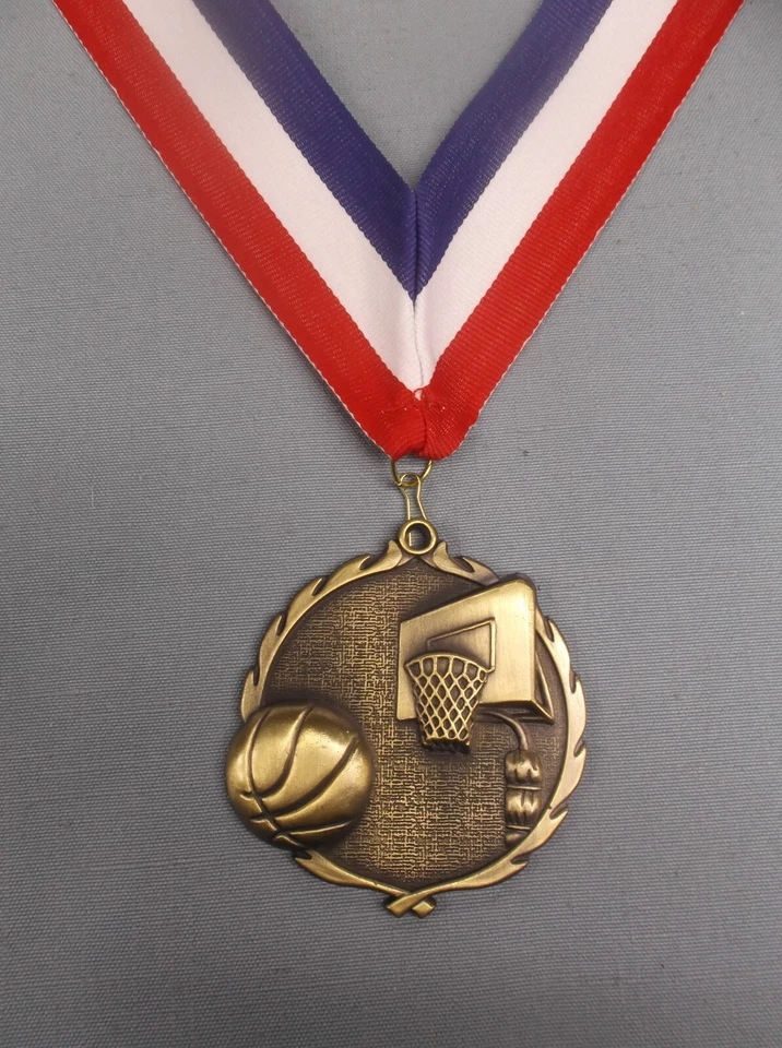 large PDU gold ball & net basketball medal RWB neck ribbon 2 1/2" diameter