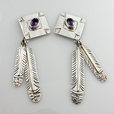Native American Navajo Silver Purple Amethyst Handmade Post Feather Earrings
