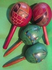 LOT OF 4 ANTIQUE Cartagena Wood Handmade Maracas Painted Art Vintage Instrument