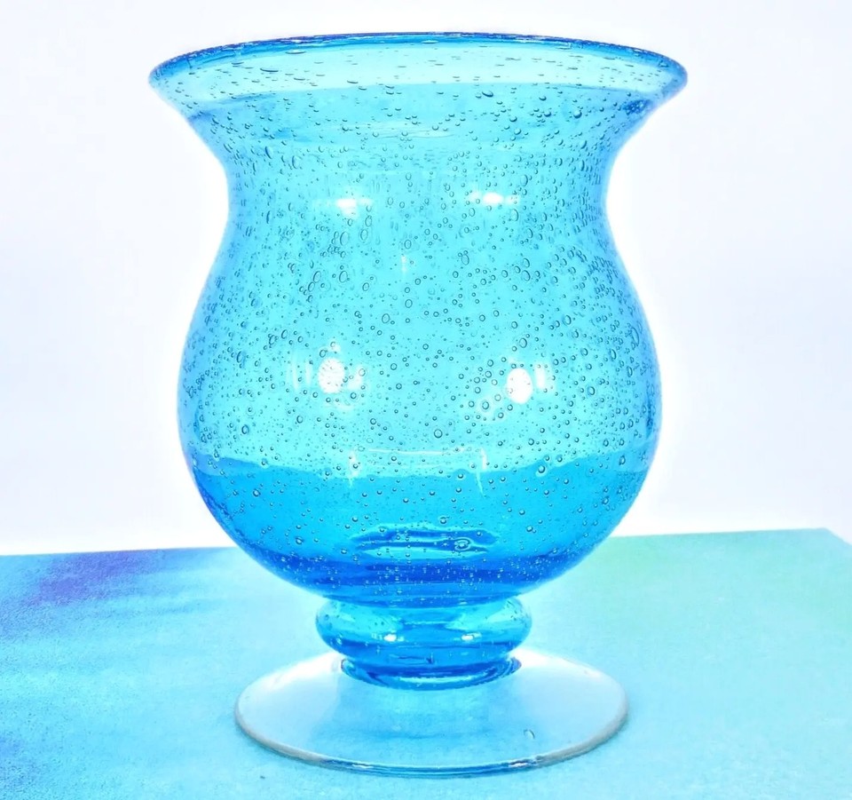 Murano Style Hand Blown Aqua Blue Controlled Bubbles Art Glass Vase 6