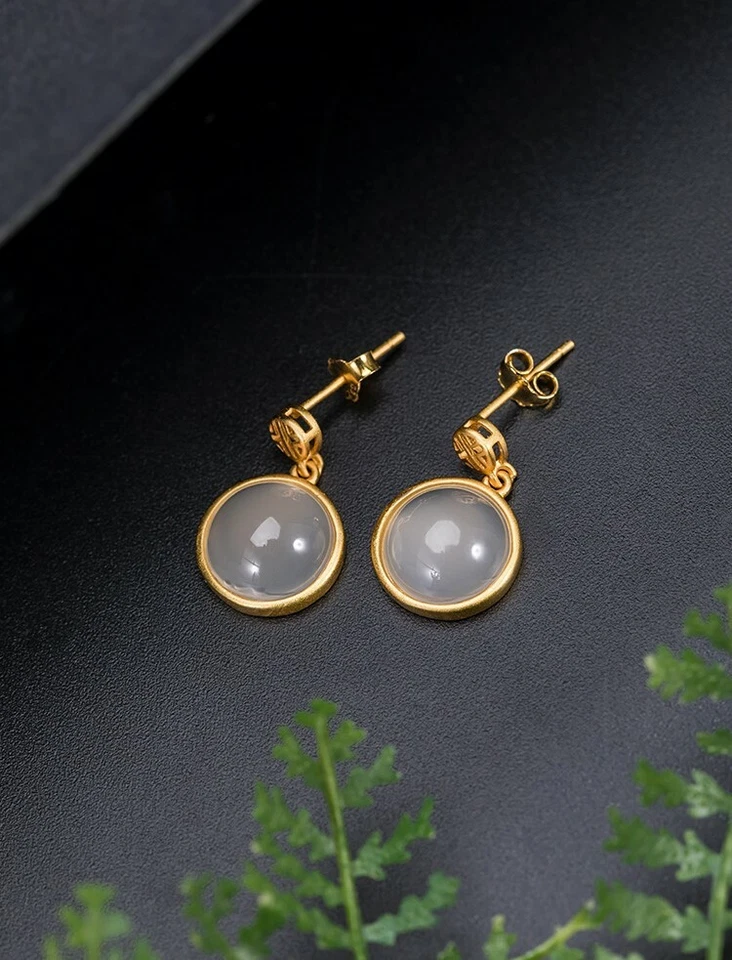 I04 Orecchini Rotonde Bianca Calcedonio Argento Sterling 925 Placcato Oro - Immagine 2 di 4