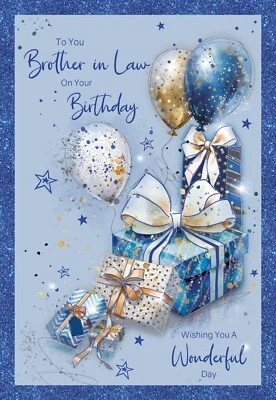 Brother In Law Happy Birthday Card. Cherry Orchard. Modern Balloons Presents