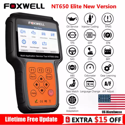 Foxwell NT650 Elite Car OBD2 Diagnostic Scanner ABS SRS TPMS DPF BMS Oil Reset
