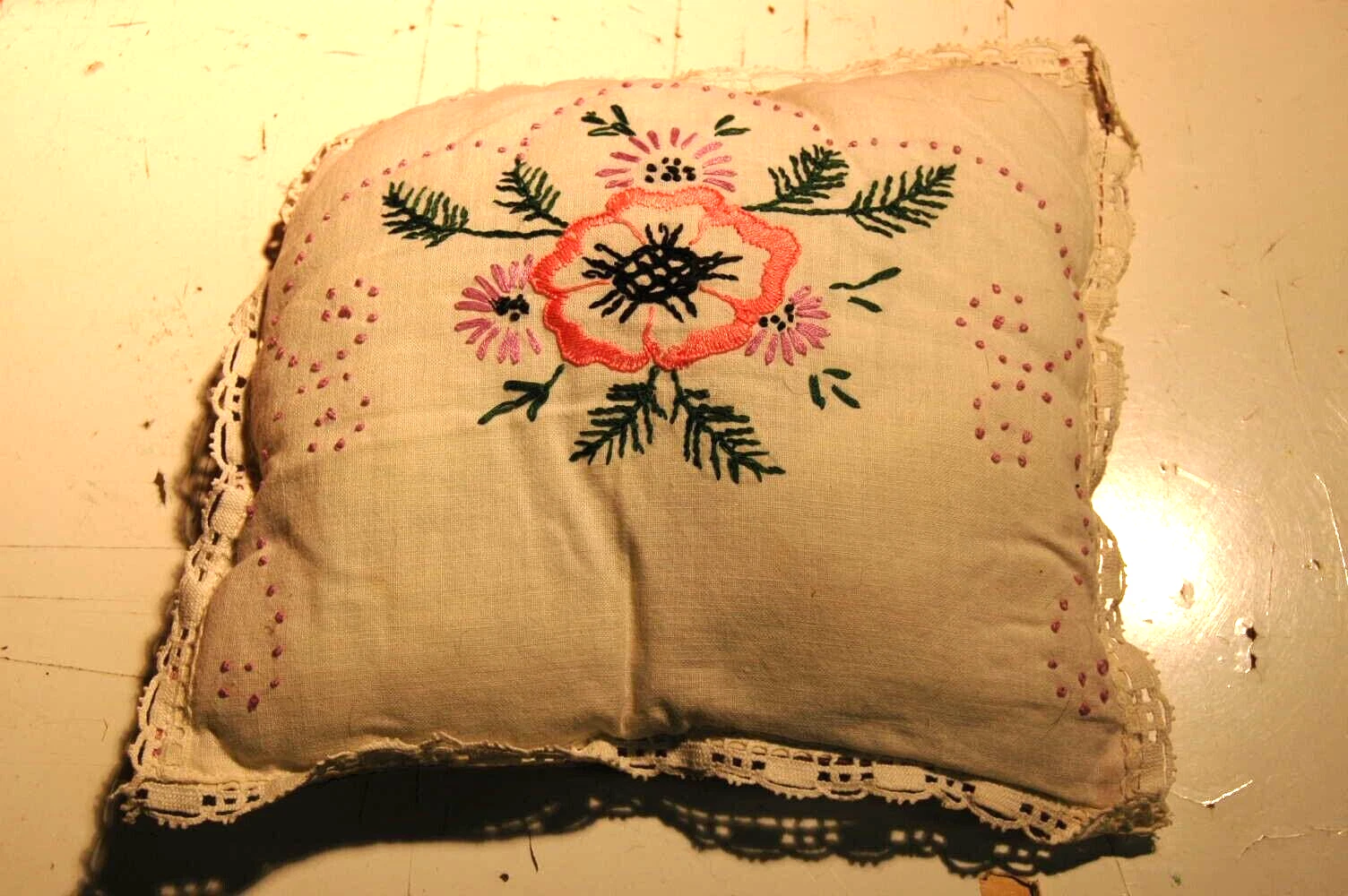 Vintage Handmade Throw Pillow Embroidered Floral Design Lace Edges 9x10 Inch
