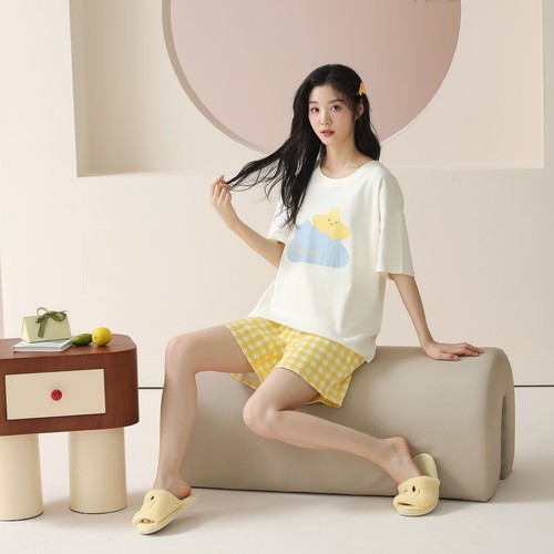Women Cute Pajama Set Short Sleeve Crew Neck Shorts Summer Cartoon 2 Piece Pjs - Picture 42 of 92