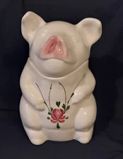 Laurie Gates Los Angeles Pottery Handpainted Florals Cute Pig Cookie Jar