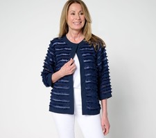 Susan Graver Eyelash Jacquard Woven 3/4-Sleeve Cardigan Navy S New