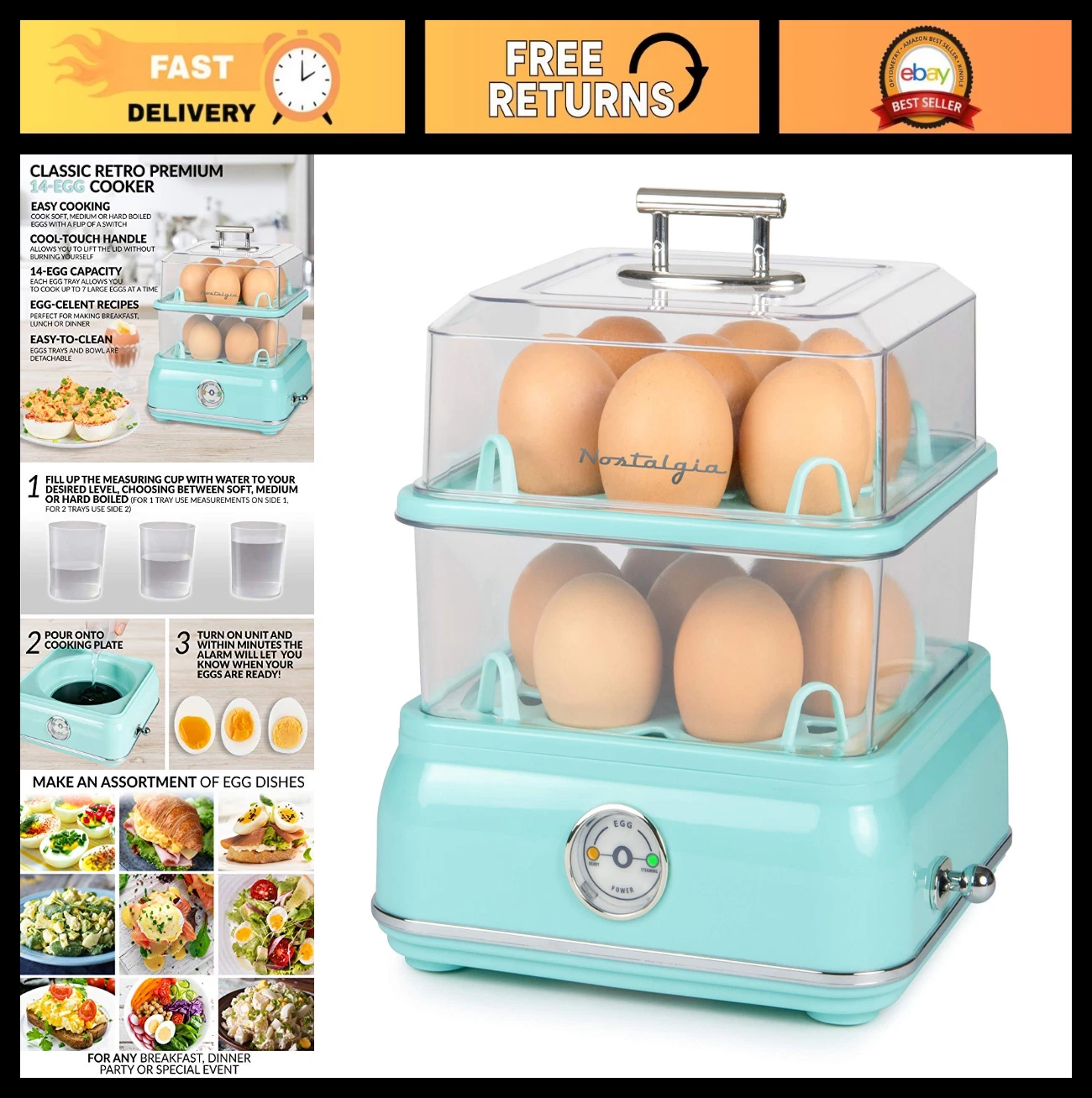 Large Capacity Electric Egg Cooker - Hard-Boiled, Poached, Scrambled, Omelets -