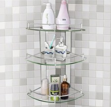 3 Tiers Bathroom Tempered Glass Corner Shelf with Steel Rail Wall Mounted