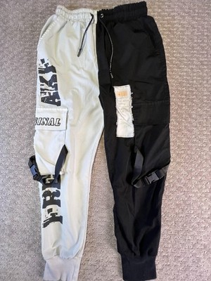 Ning Pants Mens Small Black Gray Two Tone Cargo Joggers Techwear Straps Buckle