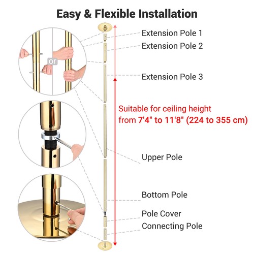 Xcceries 10 FT Spinning Static Dancing Pole Kit w/ Extensions Fitness Dance Gold - Picture 3 of 8