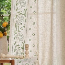 Linen Curtains for Living Room Bedroom 63 Inches Length Embroidered Floral Cu...