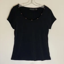 Attention Top Womens Medium Black Beaded Scoop Neck Short Sleeve Stretch