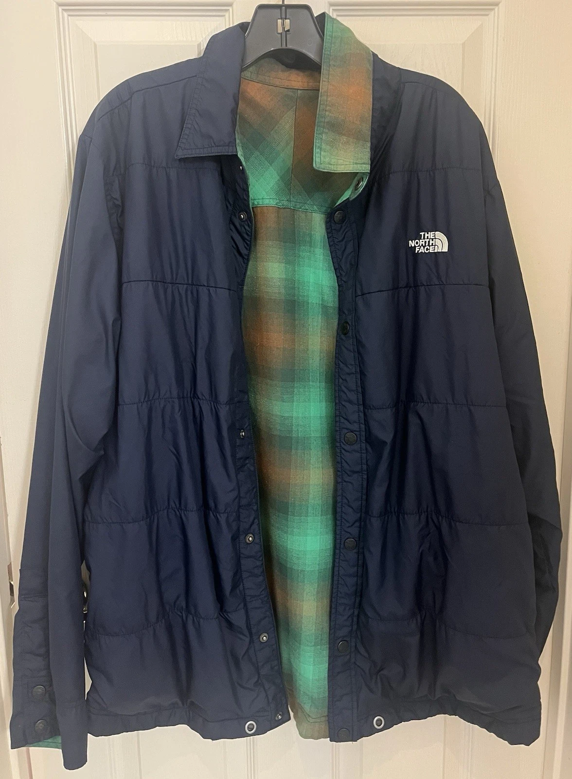 The North Face REVERSIBLE Insulated Jacket Coat Navy Blue Green Plaid Men’s XL