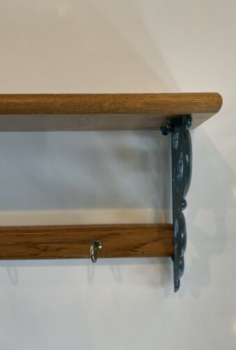 vtg Wooden wall Hanging Shelf w/ hooks Green tone scrolled plate groove display - Picture 4 of 16