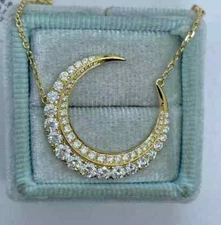 1.50 Ct Round Cut Real Moissanite 14K Yellow Gold Plated Crescent Moon Pendant