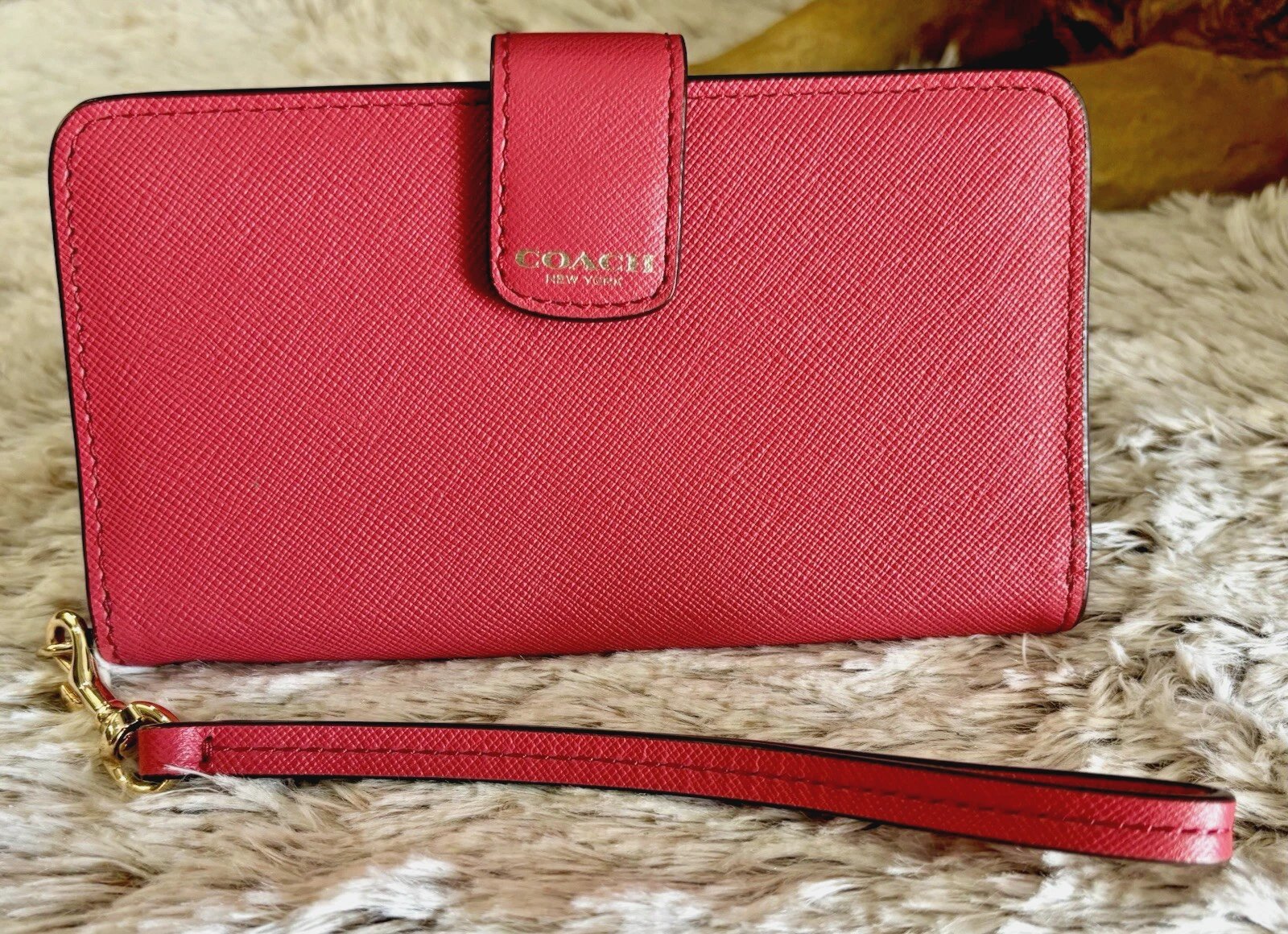 AUTENTICO PORTAFOGLIO POLSINO COACH PELLE INCROCIATA ROSA GRANDE