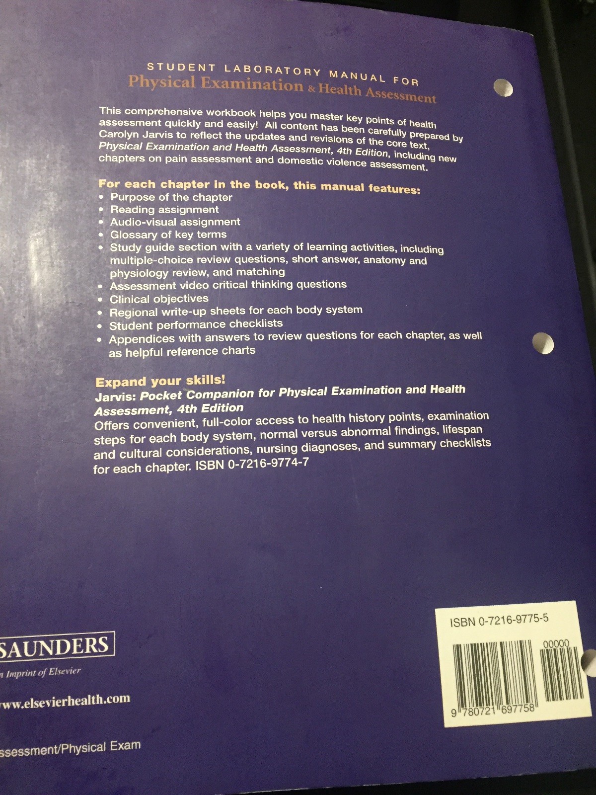 Student Laboratory Manual for Physical Examination and Health Assessment by  Carolyn Jarvis (2003, Paperback, Student Edition of Textbook) | eBay