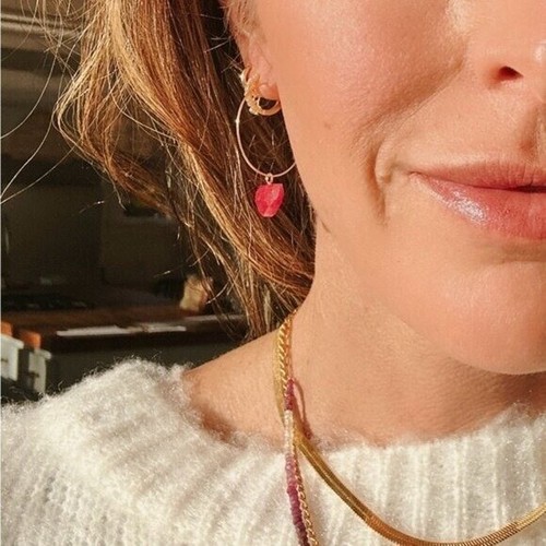 Ruby Dangle Earrings Non-tarnish Gold Hoops Beautiful gemstone simulated ruby - Picture 2 of 5