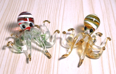 Pair of Octopus (2pcs.) amber blue handmade blown Glass figurine decor - GIFT