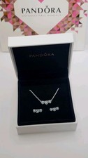 Authentic PANDORA 925 Halo Heart Trilogy Collier Necklace & Earrings Gift Set Z4