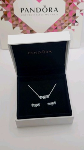 Authentic PANDORA 925 Halo Heart Trilogy Collier Necklace & Earrings Gift Set Z4