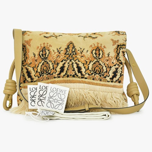 Loewe Flamenco Floral Print Suede Leather Shoulder Bag Brown Beige Gold HW 99
