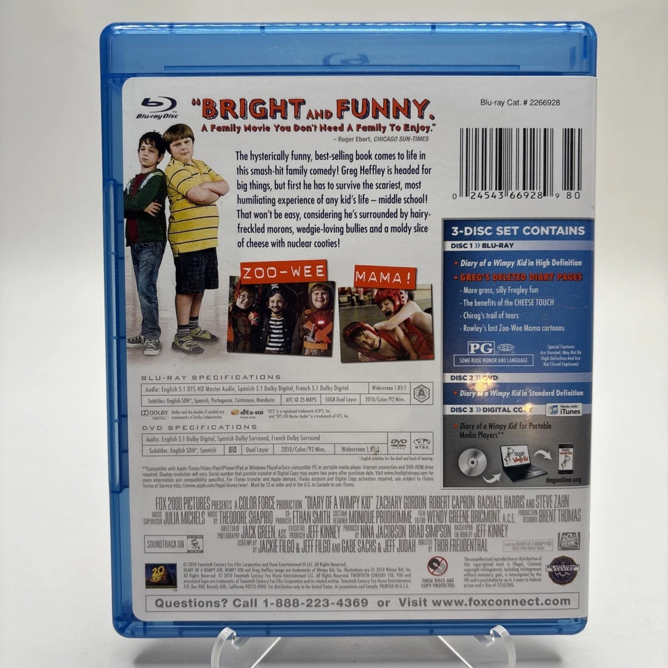 Diary of a Wimpy Kid (Blu-ray/DVD, 2010, 3-Disc Set) Movie Comedy Free Shipping - Image 2 of 4