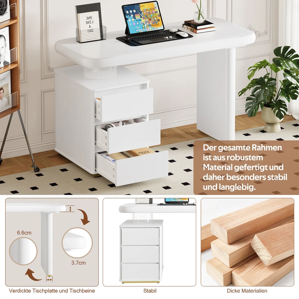 Computertisch mit 3 Schubladen & Wolkenform Tischplatte Schreibtisch 117×50×74cm - Bild 4 von 4