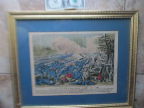 Gorgeous Colored FRAMED CURRIER CIVIL WAR PRINT, Fair Oaks Battle, Lowe Balloon