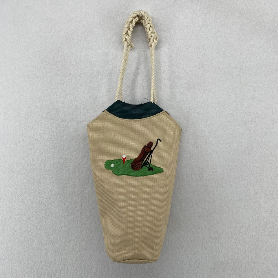 Golf Ball Bag Canvas Embroidered Clubs Rope Handle Accessory Beige Vintage - Image 2 of 4