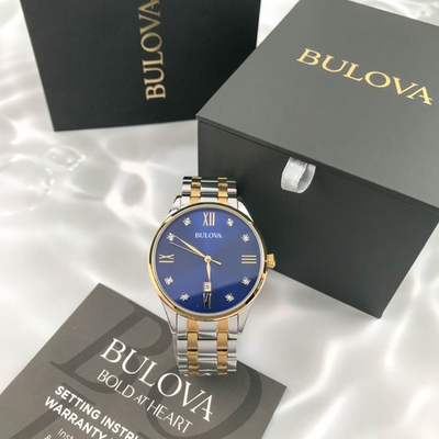 #ad Bulova 98D130 Classic Men#x27;s Blue Dial Diamonds TwoTone Bracelet 40mm Steel Watch $159.75