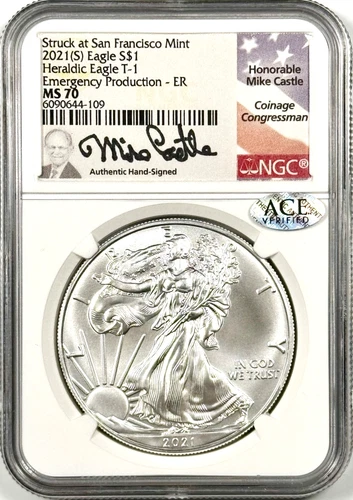 2021(S) $1 SILVER EAGLE T-1 EMERGENCY PRODUCTION NGC MS70 –CASTLE SIGNATURE
