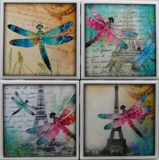 Ceramic Tile Coaster - Dragonfly - Set of 4 - (Buy 2 sets - Get 1 Set Free - 1 A
