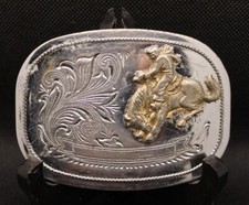 Vintage Cowboy on Bucking Bronco Belt Buckle Personalizable Gold and Silver Tone