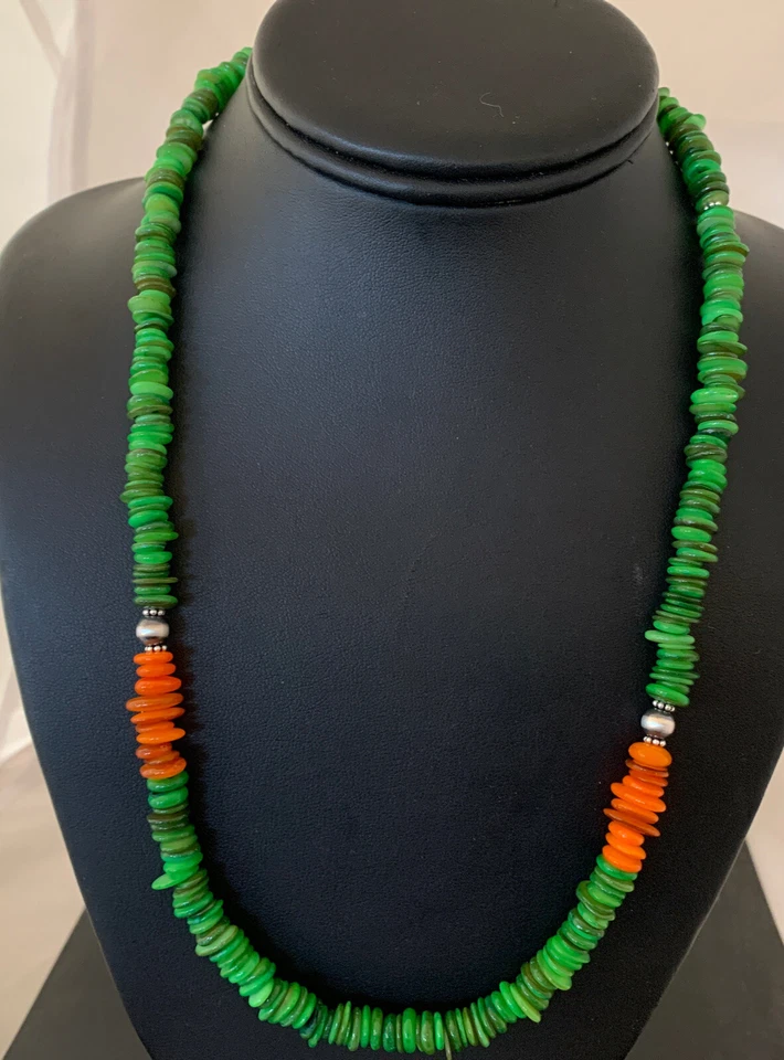 Collar Navajo Naranja Verde Madreperlas Plata Esterlina Cuentas 01054 Foto 2 de 4